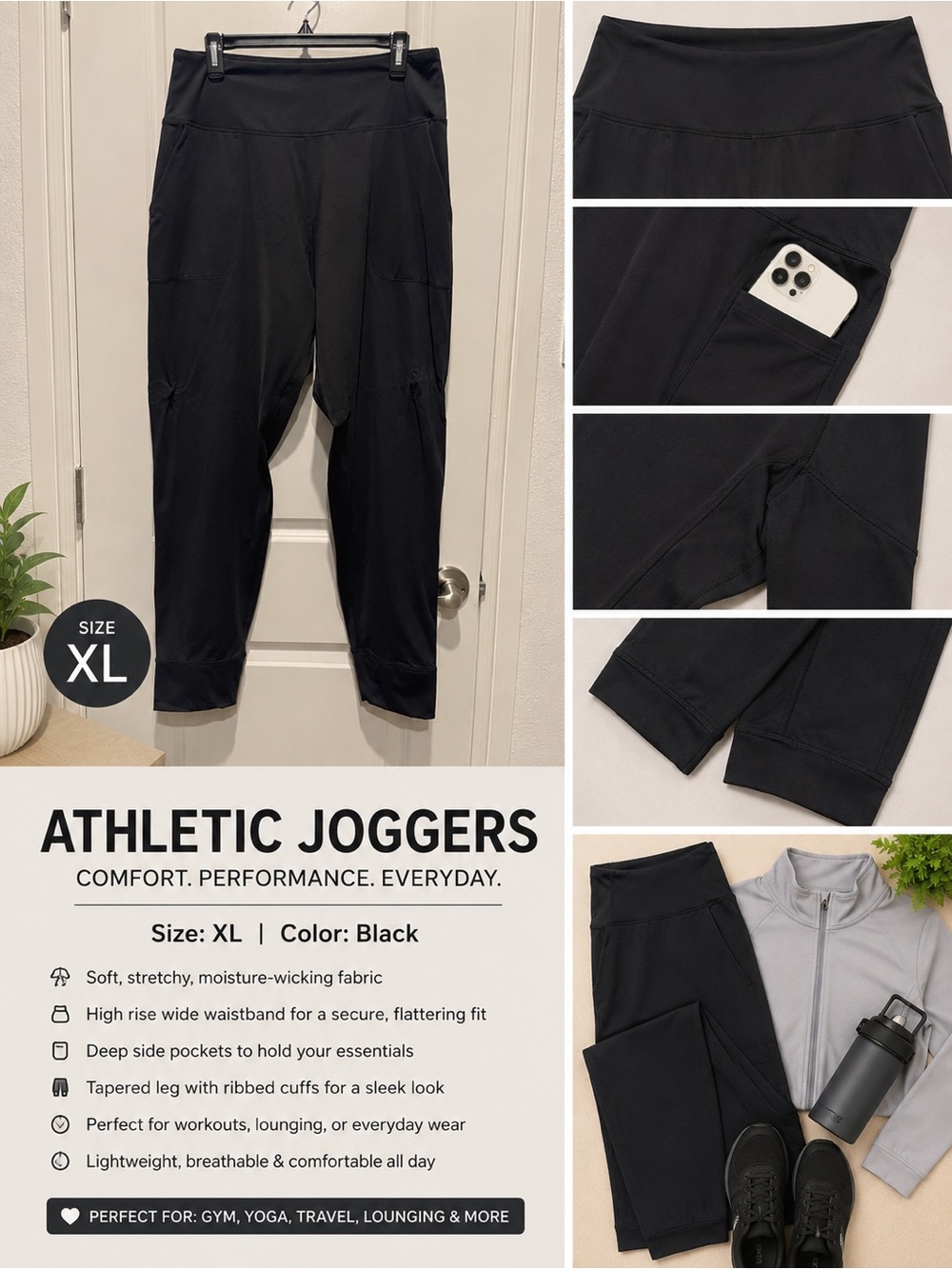 Black Athletic Joggers with Side Pockets